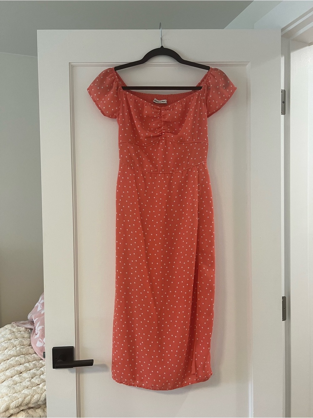 Abercrombie & Fitch Coral Midi Dress with White Polka Dots